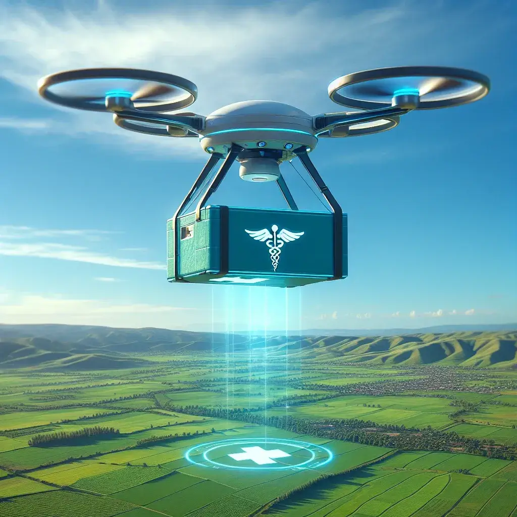 "Prescription delivery drone soaring over a rural landscape, symbolizing nationwide approval for drone delivery services in remote areas."