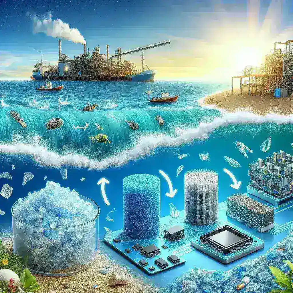 "Close-up of high-performance electronic components made from recycled ocean plastic, showcasing sustainable innovation in technology to reduce plastic waste and protect marine environments."